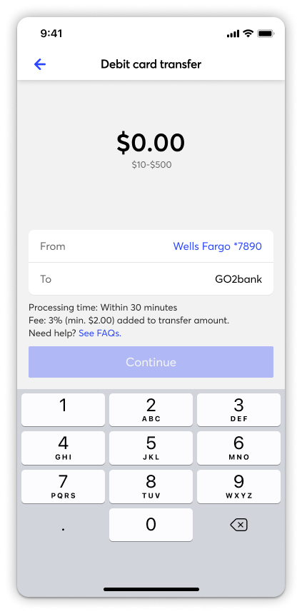 Works debit card transfer transfer amount empty transfer in disabled